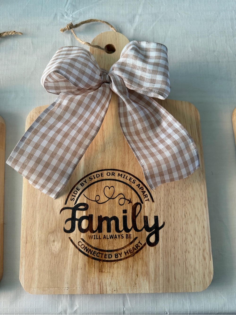 Wooden Family Sign Cutting Board with Gingham Bow - Tan & Cream
